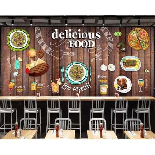 Beibehang Custom large fashion 3d wallpaper Retro wood board Western restaurant Coffee shop Pizza shop background wall wallpaper