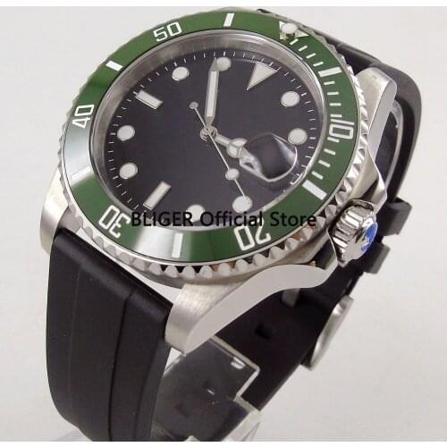 Sapphire Glass BLIGER nh35 40mm Black Sterile Dial Green Ceramic Bezel Rubber Strap Automatic Movement Mens Watch