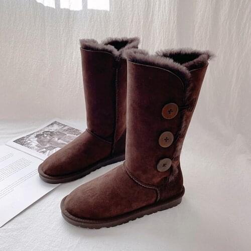 New fashion button-shaped sheepskin leather snow boots natural fur winter boots waterproof warm thick wool boots for children