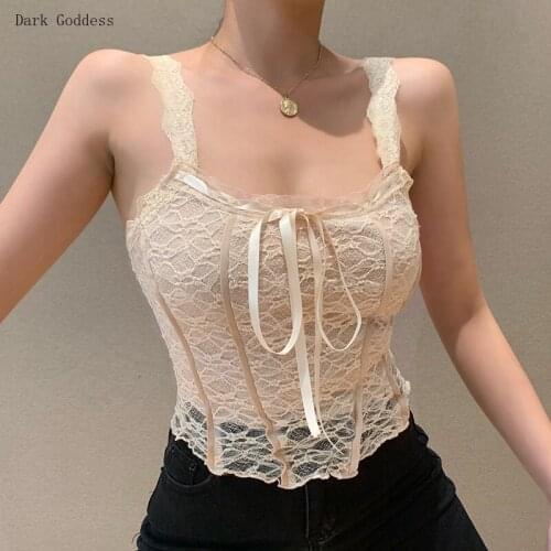 Sexy Retro Bow Lace Corset Top Fairy Core Aesthetic Backless Square Neck Crop Top Women Summer Tank Tops