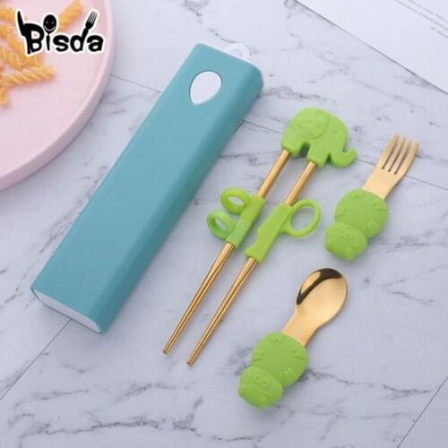 3/4PCS Childrens Training Chopsticks Kids Spoon Fork With Storage Box Stainless Steel Flatware set Baby Practice Cutlery