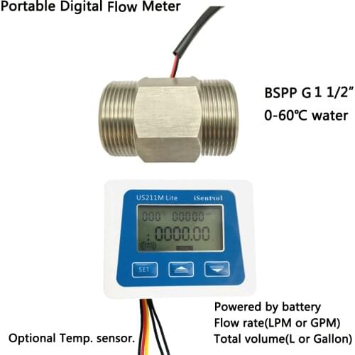 US211M Lite Flow Meter with DN40 Flow Sensor USS-HS121TA Stainless Steel 304 Turb 10-150L/min Digital Flow Meter 5V Flow Reader