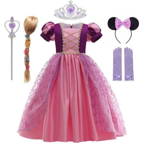 VOGUEON New Purple Rapunzel Dress Girls Sequins Puff Sleeve Tangled Princess Costumes For Kids Birthday Party Cosplay Vestidos