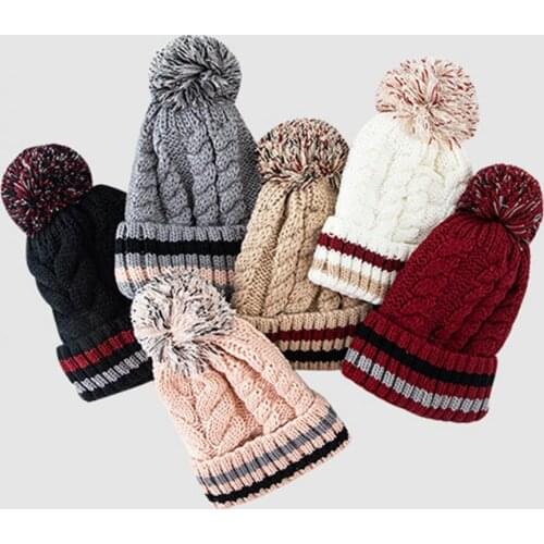 Knitted Hats for Women Winter Skullcap Beanie Hat Pompom Striped Wool Yarn Twist Knitted Plush Beanie Cap Women Beanie Hat Cap
