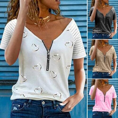 2021 New Fashion Summer Womens Zipper Casual Loose Top V Neck Letter Printed Short Sleeved T-Shirt Women Clothing