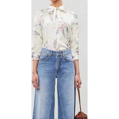 Women Shirt Butterfly Flying Shirt Canna Print Lace Bow Cropped Sleeve Top