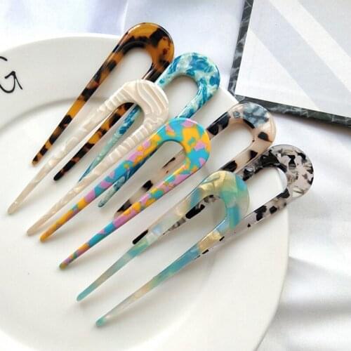 New Korean Elegance Vintage Multicolor Geometric U-shaped Acrylic Fork Hairpins Headwear Accessories For Women Hair Style Tool