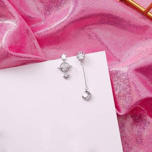 New Korean Fashion Asymmetric Shiny Rhinestone Moon Star Planet Earrings For Women Daily Accessories