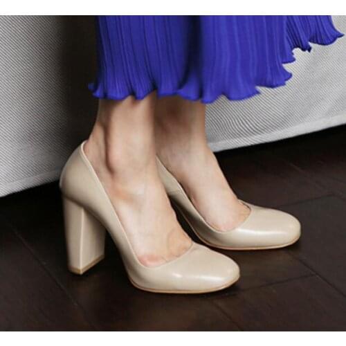 Sestito 2019 Women PU Leather Square High Heels Pumps Ladies Fashion Square Toe Simple Dress Shoes Woman Slip-on Spring Shoes