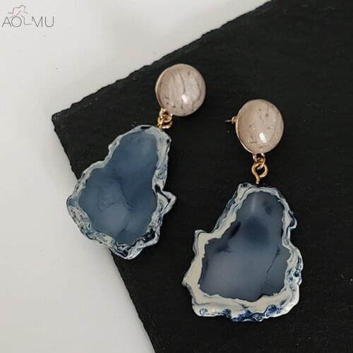 AOMU Fashion Design Acrylic Geometric Irregular Blue Mountain Stone Long Drop Earrings Resin Jewelry For Women Girl Gifts серьги