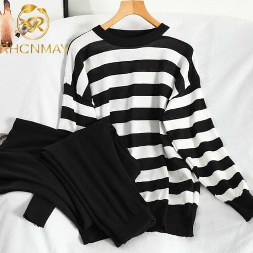 Autumn Two Piece Set 2020 Womens Loose Striped Sweater + Wide Legs Pants Suit Elastic Waist Knitted Casual Tracksuit Outfits