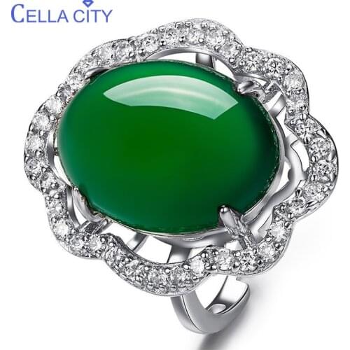 Cellacity Classic Ring for Women Silver 925 Jewelry with Green Chalcedony Oval Gemstones Temperament Female Accessory Wholesale