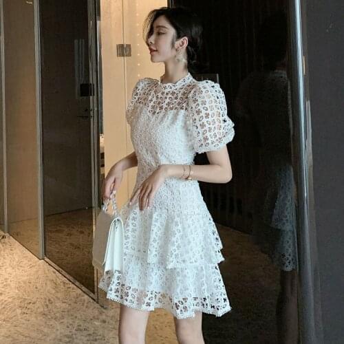 2021 Summer Dress New Womens French Designer Sexy Hollow Water Soluble Silk Dress
