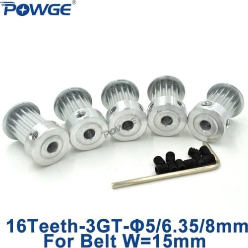 POWGE 5pcs 3GT Timing Pulley 16 Teeth Bore 5mm 6.35mm 8mm for width 15mm 3GT Synchronous Belt GT3 3MGT pulley Belt 16Teeth 16T