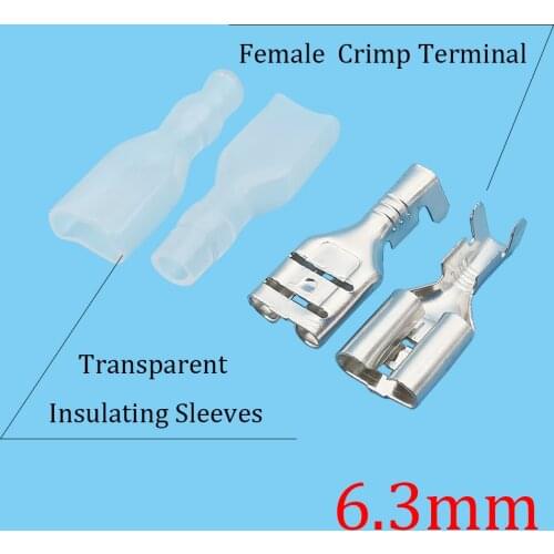 20/50Pairs 6.3mm Female Spade Crimp Terminal Kit Electrical Cable Switch Wire Connector Set With Transparent Insulated Sleeves