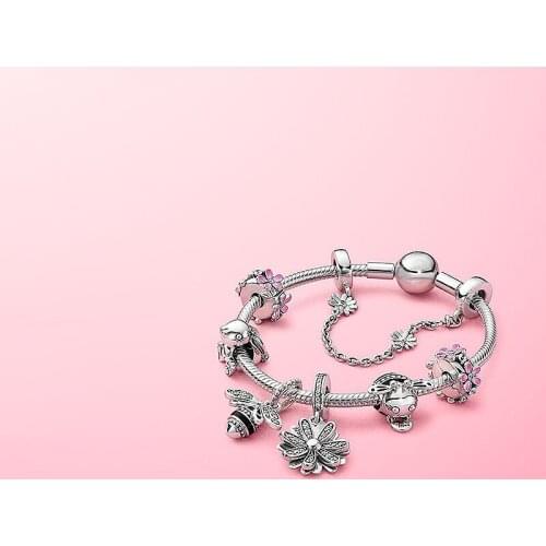 2020 S925 Bee favors My Heart Pink Daisy No Silicone Fixing Clip Fashion Safety Chain Charm Original Woman Jewelry Gift