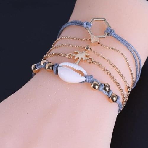 5Pcs/Set Women Fashion Conch Leaf Love Heart Chain Bracelets Bangles Jewelry