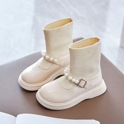 Kids Single Boots Pearl Shoes 2021 Autumn Girls Knit Set Foot Princess Boots Sweet Cute Fashion Childrens Pearl Boots Hot Chic