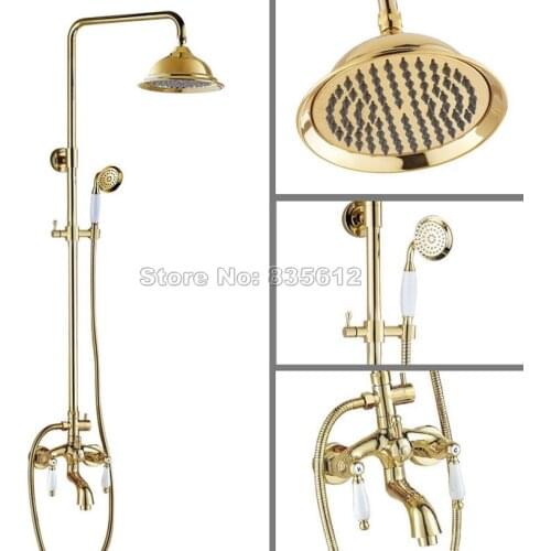 Ceramic Dual Handles Bathroom Rain Shower Faucet Set with Handheld Shower + Wall Mount Gold Color Brass Tub Mixer tap Wgf433
