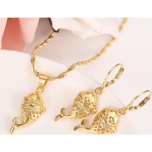 African gold pendant Necklace Earring Set Women Party animal PNG cute fishcharms girls Fine Jewelry kid birthday Christmas gift