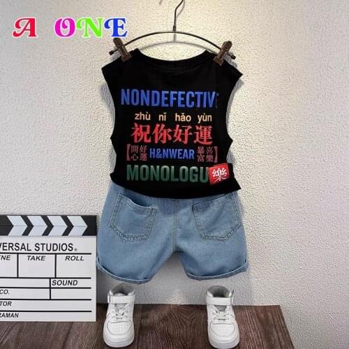 Summer boys set kids clothes baby outfit boys Vest + denim shorts 2 pcs set fashion letter Trendy streetwear 2 - 12 yrs