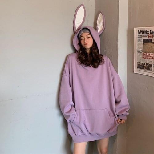 Girl Cute Sweet Hoodies Rabbit Ear Sweatshirt Women Winter Warm Hoodie Sweatshirts with Front Pocket Sudadera Mujer
