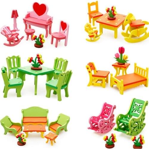 2019 New Kids Children DIY Educational Small Toy Wooden 3D Assembly Puzzle Home Table Chair Dresser Toy Model High Quality 1 Set