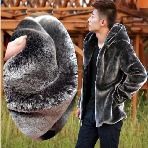 Autumn Winter Mens Faux Fur Mink Coat Short Grey Hooded Coat Plush Fluffy Coat Male Plus Size Xxxl 4xl 5xl Warm Overcoat Men