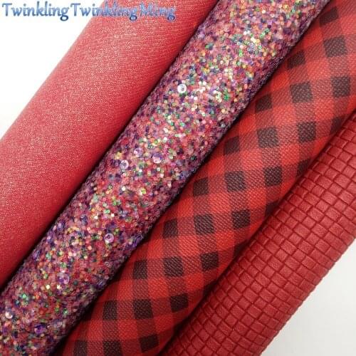 RED Glitter Fabric, Plaids Faux Fabric, Weaving Synthetic Leather Fabric Sheets For Bow A4 21x29CM Twinkling Ming XM879
