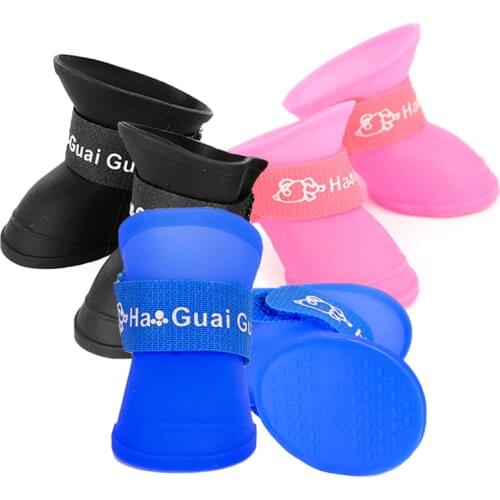 4pcs/Set Pet Dog Waterproof Shoes Candy Colors Blue/Black/Pink Rubber Rain Boots Shoes For Small Dogs Cat S/M/L