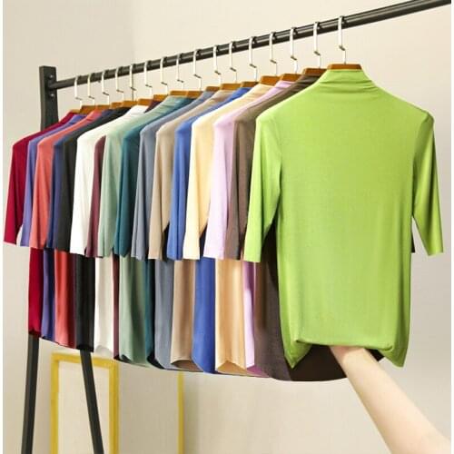 2021 spring and summer modal Korean t-shirt womens five-point sleeve fashion all-match blouse half-high collar inner bottoming