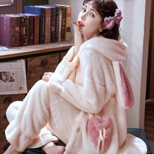 Furry Pajamas Set Autumn And Winter Women Plush Sleepwear Cute Sweet Plus Size Coral Fleece Ladies Home Service Suit Girls y814