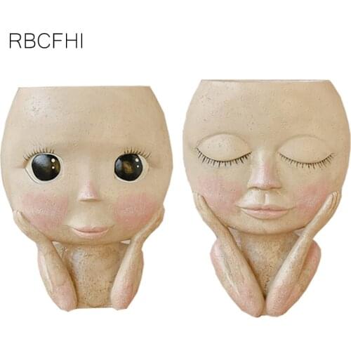 RBCFHl 1PC Human Face Vase Decoration Big Eyes Doll Resin Flowerpot Figure Sculpture Crafts Storage Container Flower Container