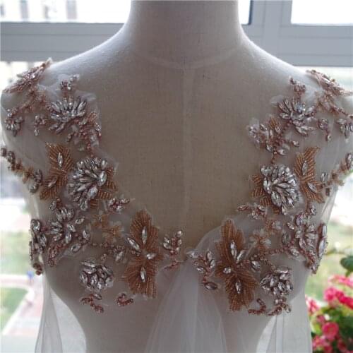 2 pcs Rose Gold Crystal Bodice Applique, Bridal Crystal Bead Applique For Bridal