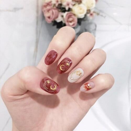 Princess style new star and moon series beautiful cream pure color with rivet decoration 3d fake nails bride false nails 24pcs