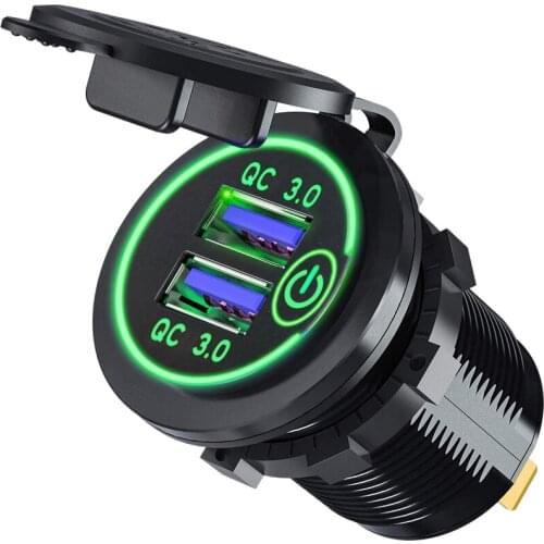 Quick Charge 3.0 Dual USB Car Charger 12V 36W USB Fast Charger with Switch for Boat Motorcycle Truck Golf Cart Green