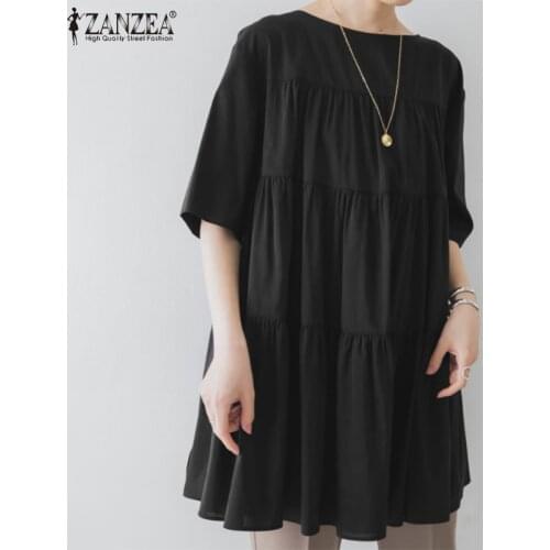 ZANZEA 2021 Women Puff Sleeve Blouses Casual Loose Blouse Chemise Elegant Spring Tops Solid Blusas Female Lapel Solid Tunic Top
