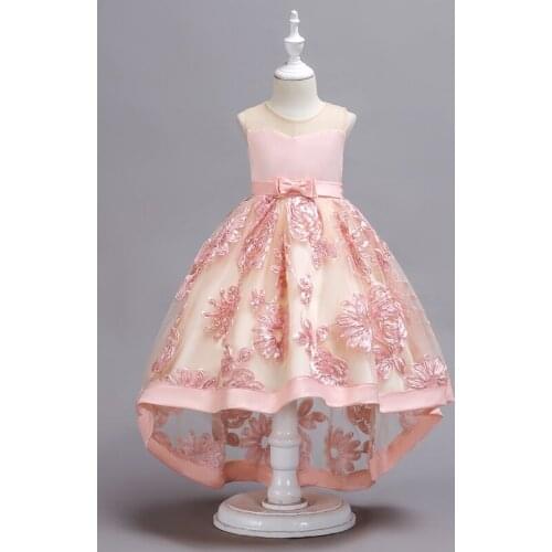 Kids Summer Princess Dress Flower Embroidery Sleeveless Long Tail Skirt with Bow Decor for Little Girls 1-12 Year Casual Dresses