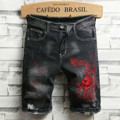 New Mens Denim Shorts Dragon Embroidered Print Five Points Jeans Straight Pants Fashionable Versatile Leisure Time Comfortable