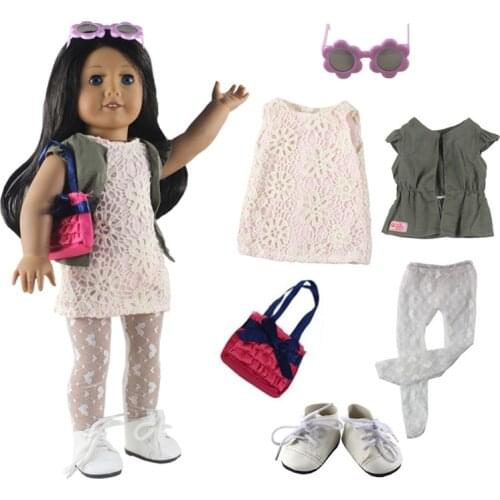 Hot sell! 1 set Leisure handmade dress clothes outfit Princess skirt for 18"American Doll+Shoes+Tights+Bag+Glasses L18