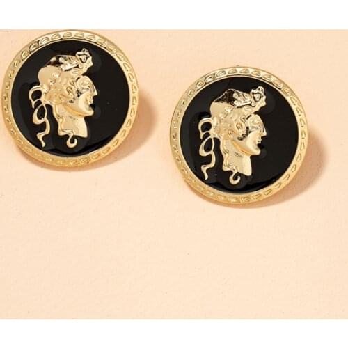GSOLD Vintage Round Coin Gold Human Head Portrait Stud Earring Black White Enamel Metal Small Earring Women Fashion Jewelry