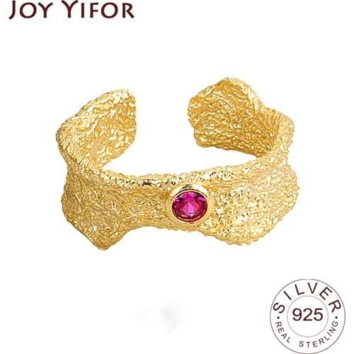 Minimalist 925 Sterling Silver Rings for Women Fashion Creative Matte Gold Red Zircon Irregular Geometric Party Jewelry Gifts