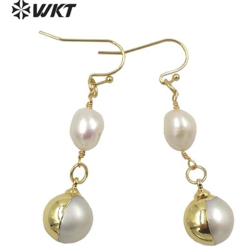 MPE057 Newest design fashion women round freshwater pearl hoop earrings in half gold Elegant office white pearl earring