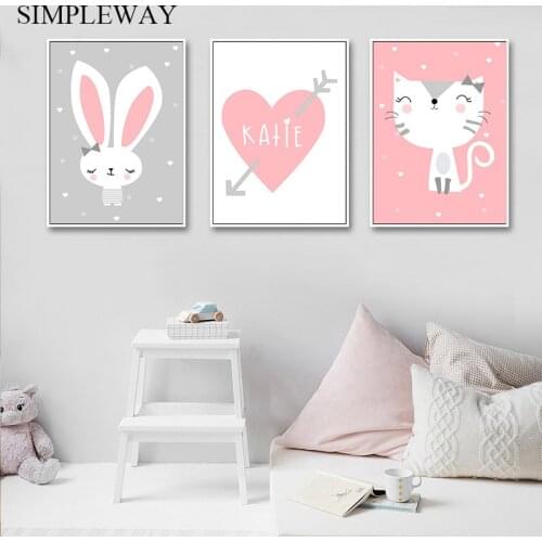 Baby Nursery Children Poster Wall Art Canvas Print Cartoon Bunny Cat Painting Nordic Kids Decoration Picture Bedroom Decor