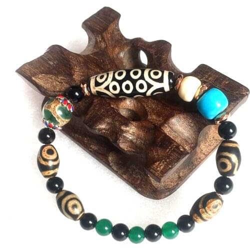 Original Tibetan characteristics FengShui agate bracelet old black 10*30mm 21eyes DZI 10mm green tortoise shell 8*12mm 2eyes
