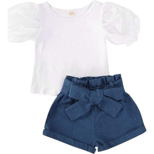 0-5Y Fashion Infant Baby Girls Clothes Sets Puff Short Sleeve White T Shirts Tops+Blue Shorts 2pcs
