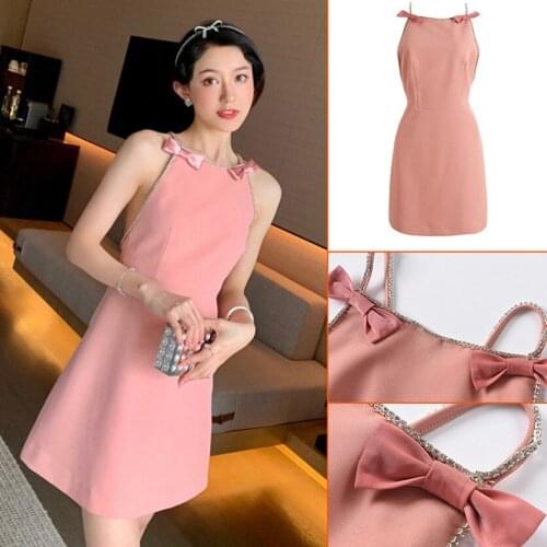 Summer New French Pink Spaghetti Strap Dress Fashion Diamond Bowknot Halter A-Line Elegant High Waist Party Mini Dress For Women