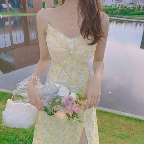 Sexy Elegant Floral Strap Dress Women Yellow Print Evening Party Midi Dresses Ladies Vacation Beach Boho Split Dress Summer 2021