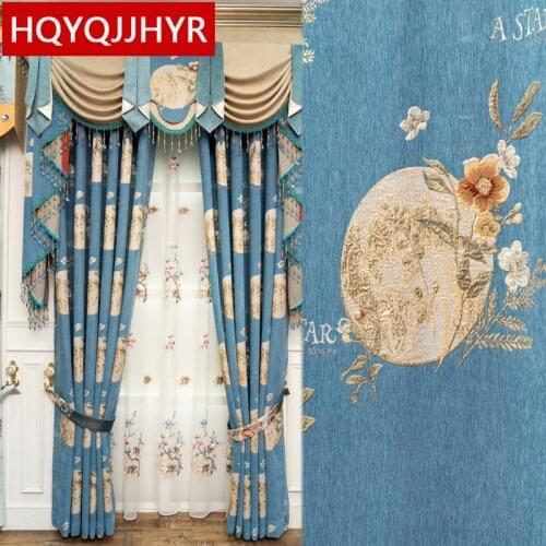 HQYQJJHYR Blue European-Style Luxury Chenille Thick Shading Living Room Bedroom Hotel Kitchen Apartment Villa Custom Curtains