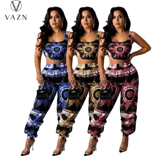 VAZN 2021 Top Quality Print High Street Sexy Young Bandage Sleeveless High Waist Long Pant Skinny Women 2 Piece Set